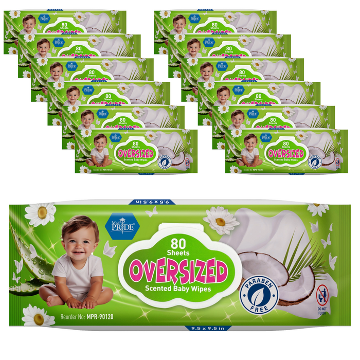 Multiple boxes of oversized scented baby wipes with a child's face on a green background.
