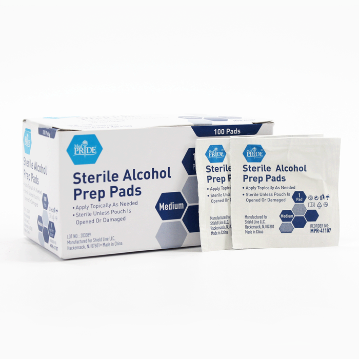 Box and individual sterile alcohol prep pad packaging on a white background