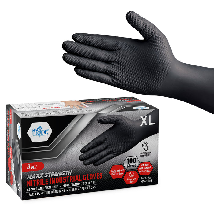 Black nitrile industrial gloves with a box labeled 'Maxx Pride' on a white background