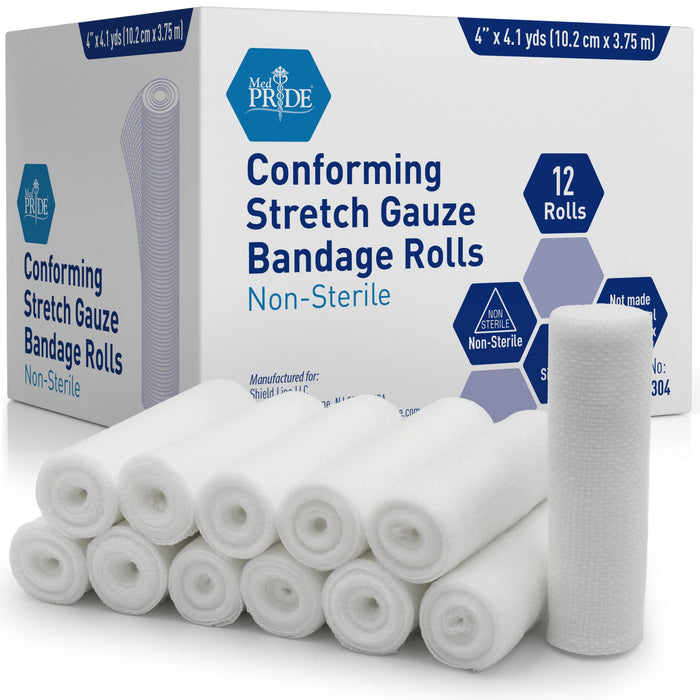 MedPride Stretch Gauze Bandage Roll – Non-Sterile, 4" Width (8 Packs of 12, 96 Rolls/Case)