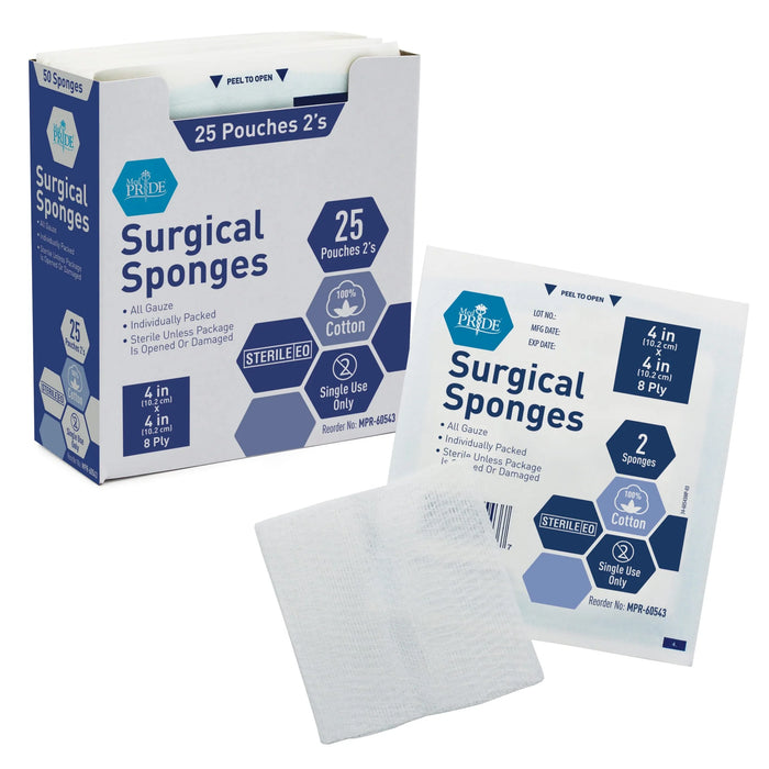 MedPride Gauze Sponges – Sterile – 4” x 4” – 8 Ply – 1,200 Total (24 Boxes of 25 Two-Packs)