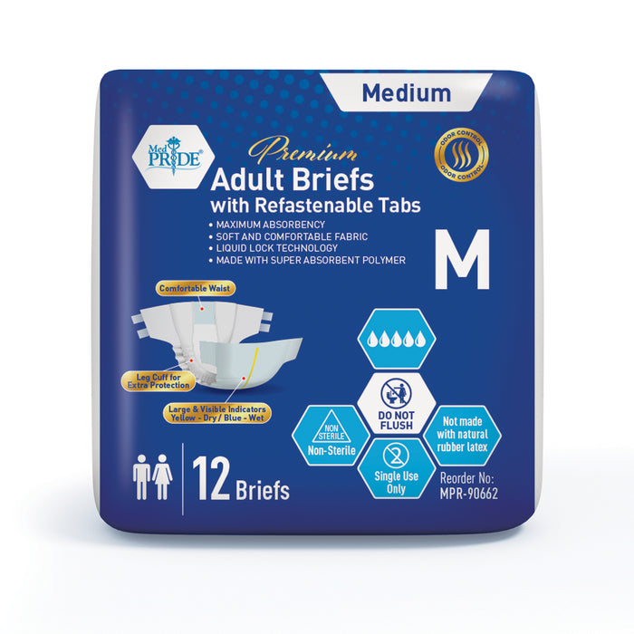 MedPride Adult Briefs with Refastenable Tabs, Medium, 8 Packs of 12 (96 count)