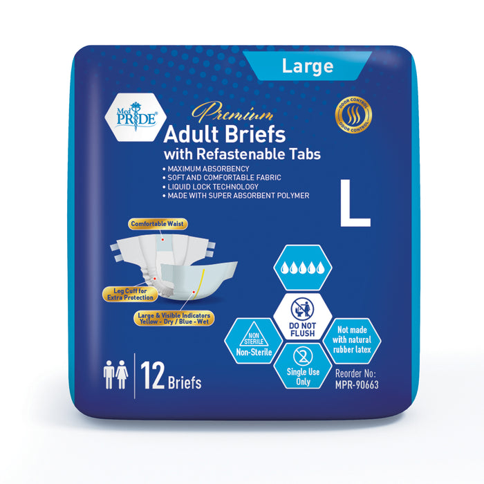 MedPride Adult Briefs with Refastenable Tabs, Large Size, 6 Packs of 12 (72 count)