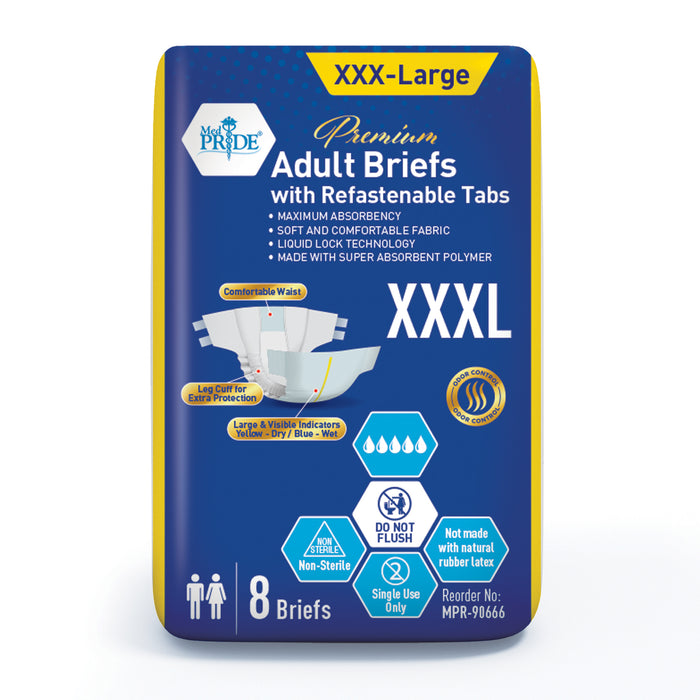 MedPride Adult Briefs with Refastenable Tabs, 3X-Large Size, 4 Packs of 8 (32 count)