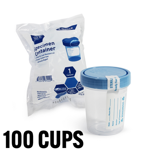 Specimen container with blue lid and packaging labeled '100 Cups' on a white background