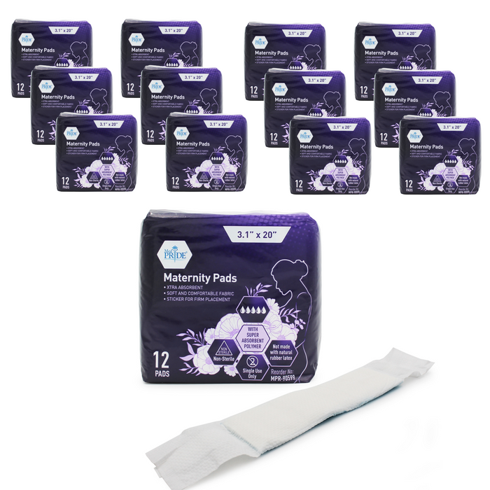 Multiple packages of maternity pads with a single pad displayed in front on a white background.