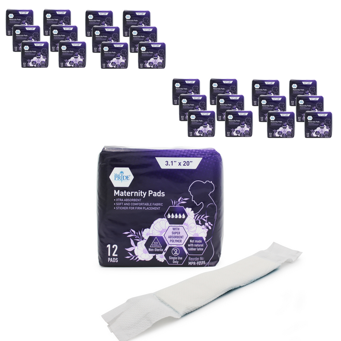Pack of Medpride maternity pads with a single pad displayed on a white background