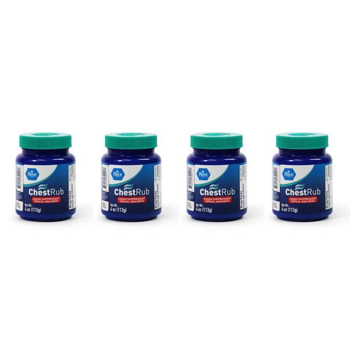 Four bottles of Chest Rub with blue and green labels on a white background
