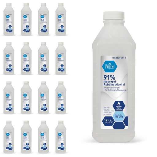 Multiple bottles of 91% isopropyl rubbing alcohol with a prominent bottle in the foreground on a white background.