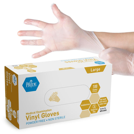 Box of medical examination vinyl gloves with a hand wearing a glove