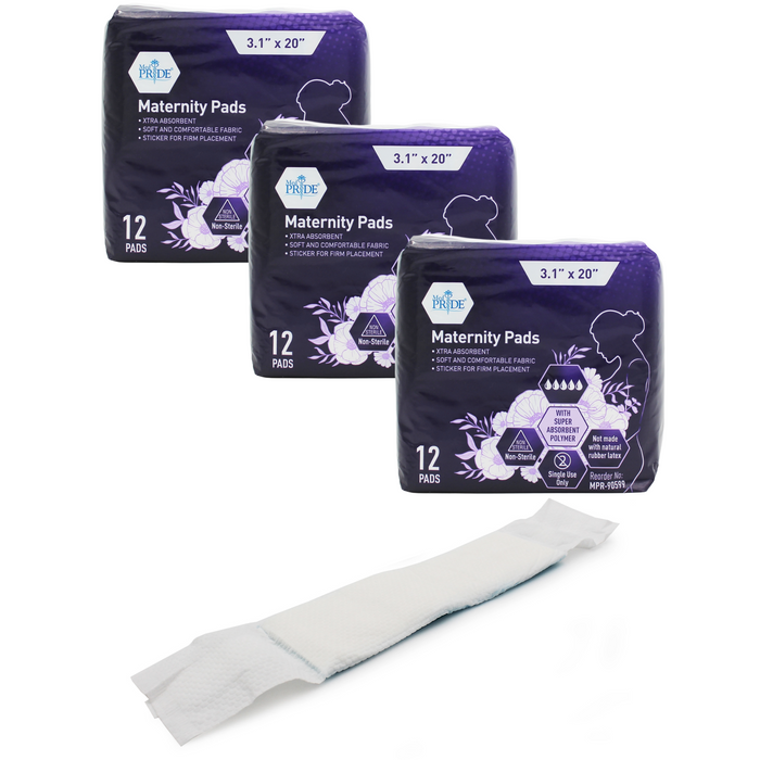 Three packages of Medpride maternity pads with a single pad displayed in front on a white background.
