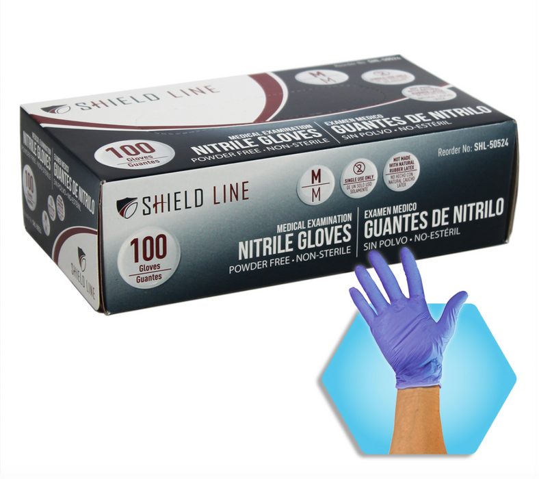 Shield Line Nitrile Exam Gloves – Powder-Free – Bi-Lateral Fit – 1,000/Case (10 Boxes of 100)