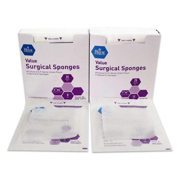 MedPride Value Gauze Sponges – Sterile – 4” x 4” – 8 Ply – 1,200 Total (24 Boxes of 25 Two-Packs)