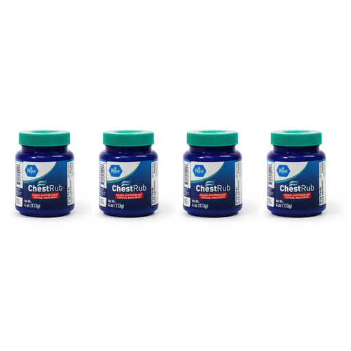 Four bottles of Chest Rub with blue and green labels on a white background