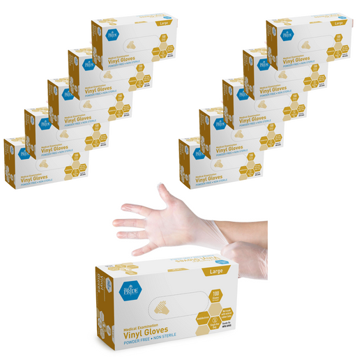 Multiple boxes of vinyl gloves with a hand wearing a glove on a white background