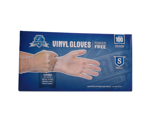 Box of vinyl gloves with a hand illustration on a white background